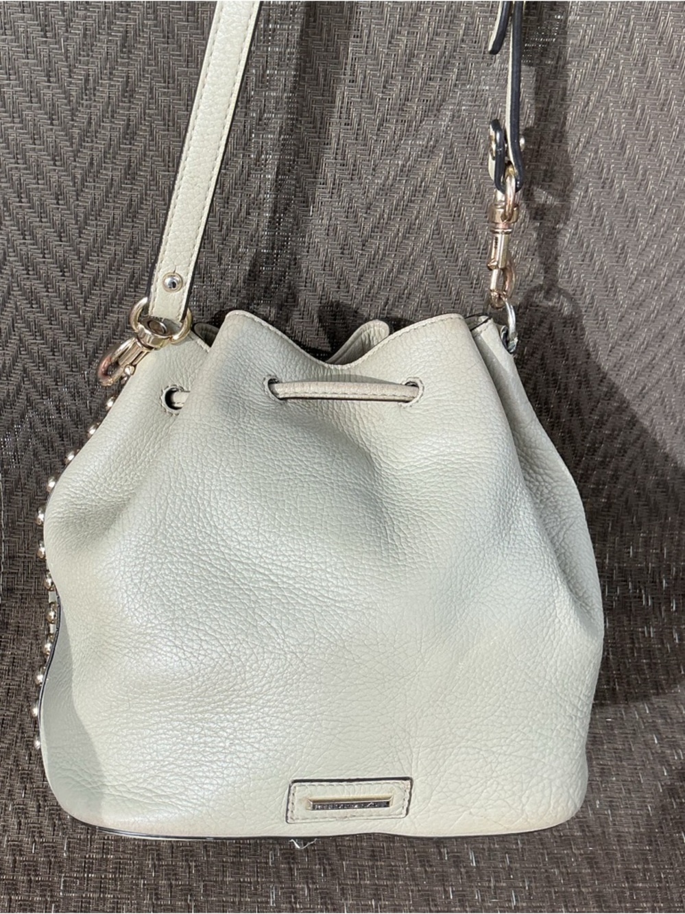 Rebecca Minkoff Studded Light Green Leather Drawstring Bucket Bag